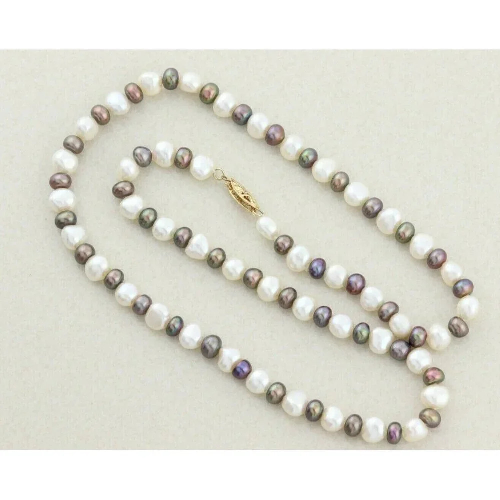 14k Yellow Gold Freshwater White and Black Pearl Necklace 18 inch